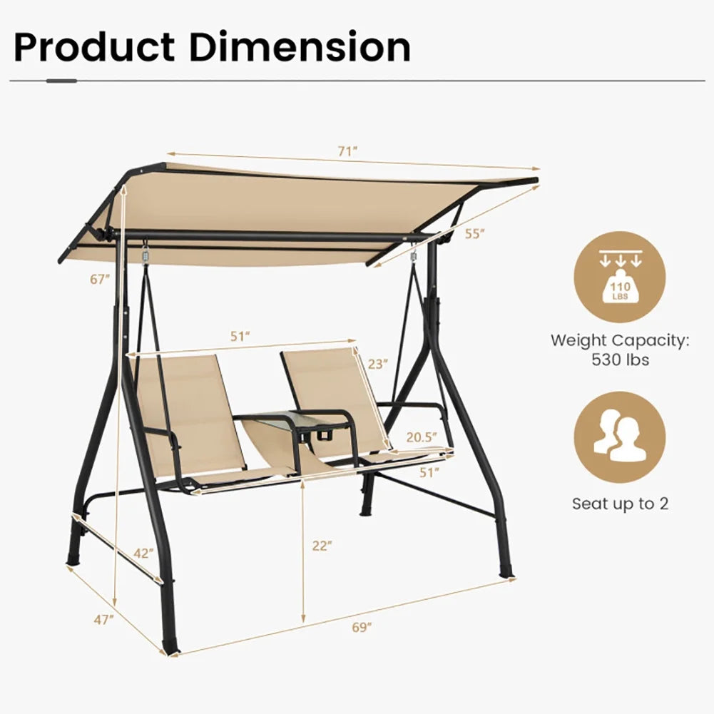 Resenkos Porch Swing, 2-Seat Outdoor Cushioned Porch Swing with Adjustable Canopy and Tempered Glass Table-Beige, Hanging Outdoor Porch Swings for Garden, Backyard