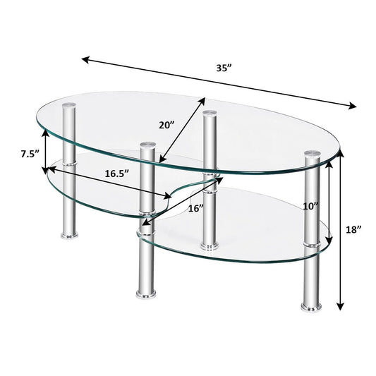 Costway Tempered Glass Oval Side Coffee Table Shelf Chrome Base Living Room Clear