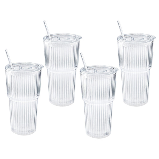 Mesa Ribbed 20 oz. Glass Cups with Lids and Straw, 4-pack