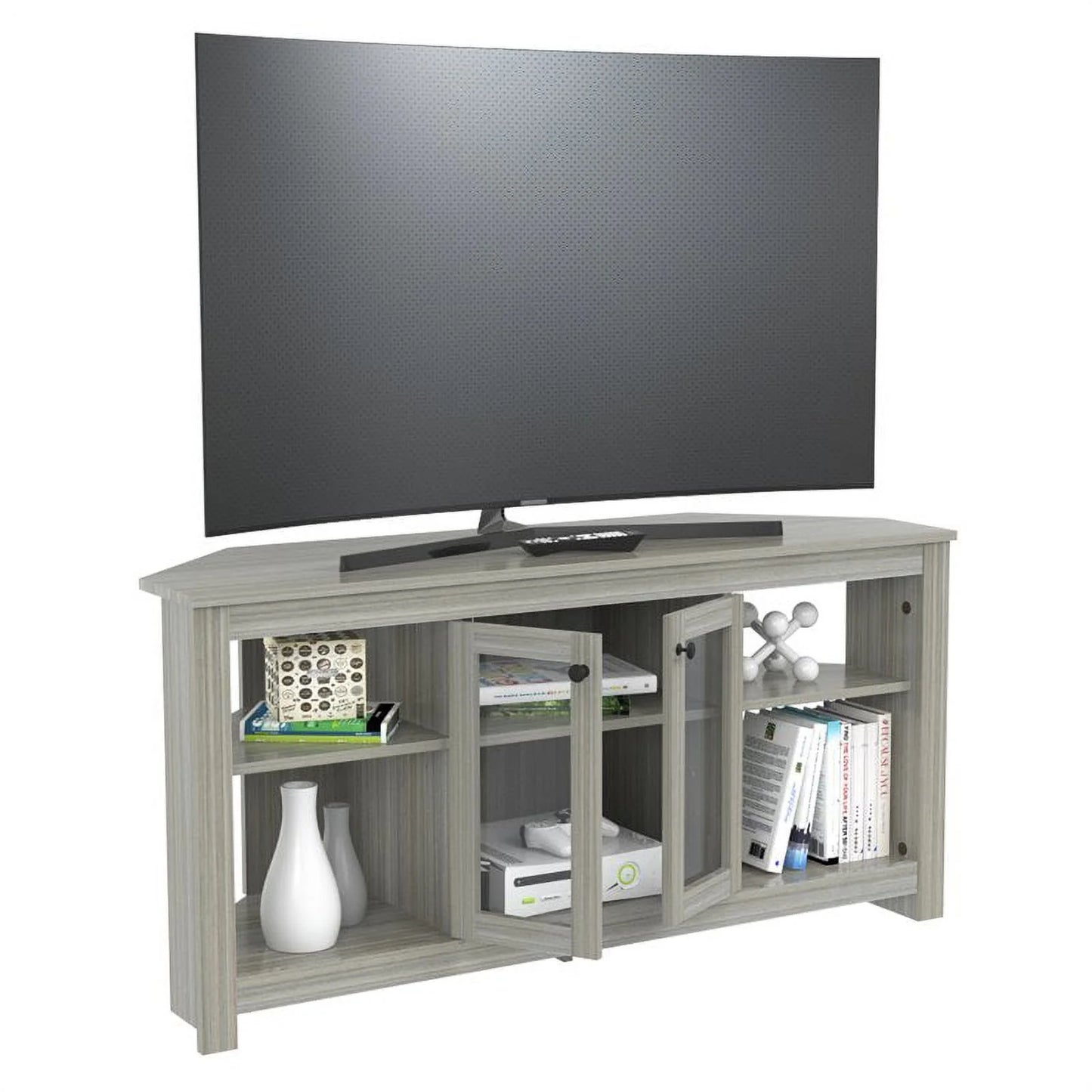 Inval Corner Laminate 60° TV Stand with Glass Doors, White