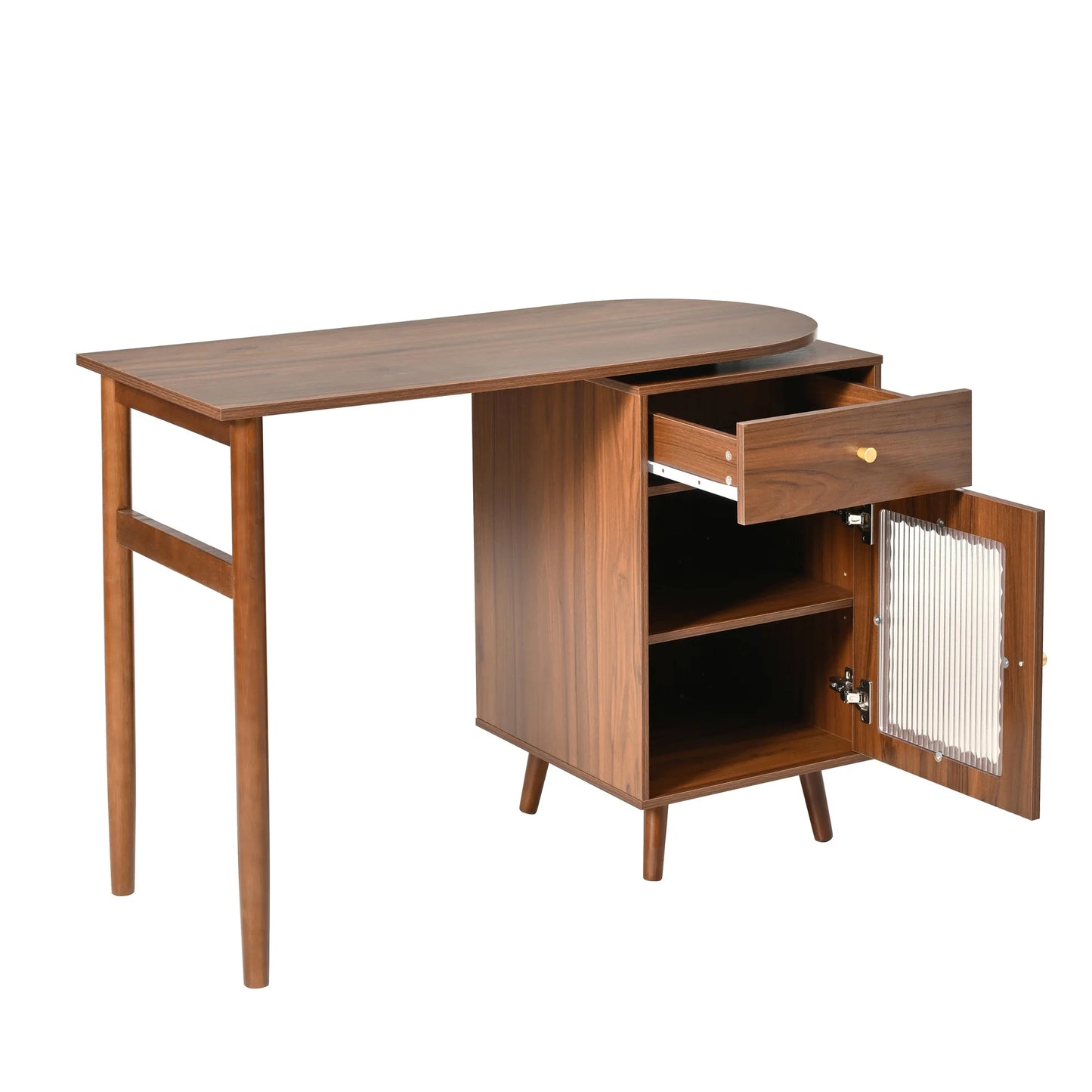 43'' Computer Desk with 90 Degree Rotating Desktop, L-Shaped Home Office Desk with Hutch and Drawer, Writing Desk with Storage Cabinet and Glass Doors for Bedroom Living Room, Walnut