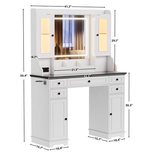 Farmhouse Makeup Vanity Desk with Mirror and Lights, Vanity Table with Glass Tabletop, Charging Station, 5 Drawers, Side Cabinet, Storage Shelves for Bedroom, White by TZUTOGETHER