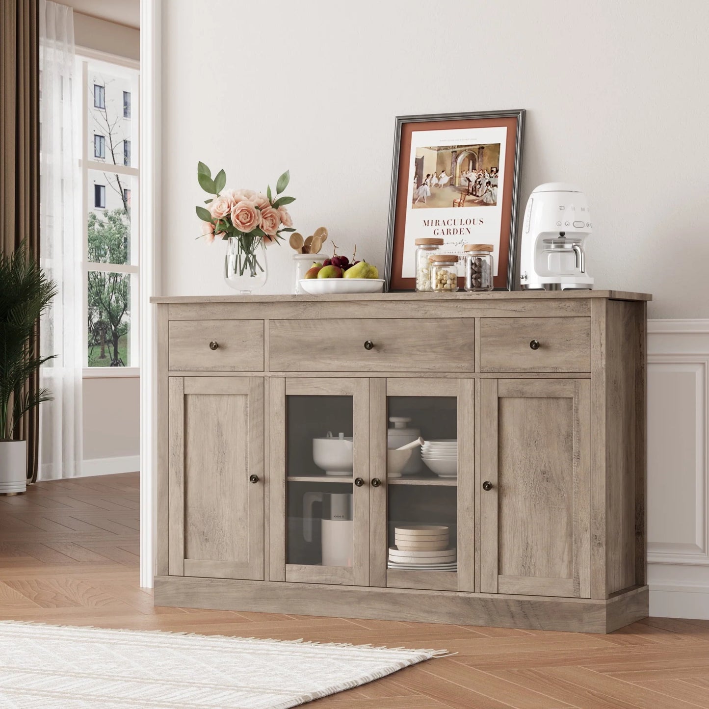 Homfa 55.1'' W Kitchen Buffet Sideboard, 3 Drawer Glass Door Accent Cabinet Coffee Bar with Adjustable Shelf for Dining Room Living Room, Gray Finish