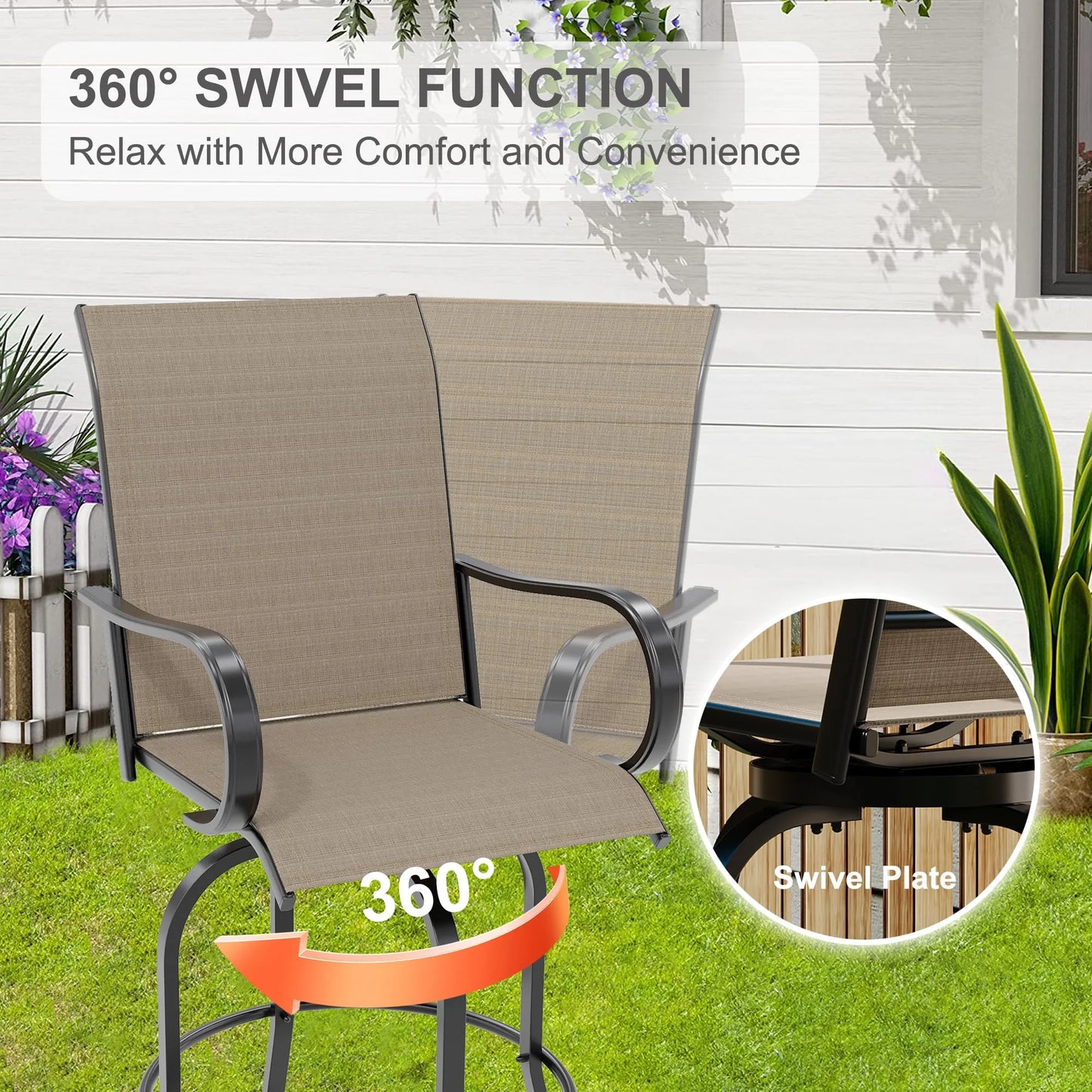 Riedhoff 3-Piece Patio Bar Set with 2 Swivel Chairs & Glass Table,All-Weather,Textile Fabric,Gold