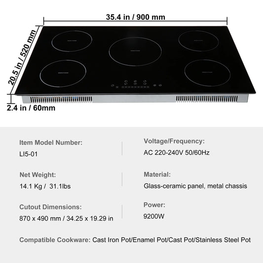 KFFKFF 5 Burners Ceramic Glass Stove Top Touch Control 36 inch Electric Cooktop