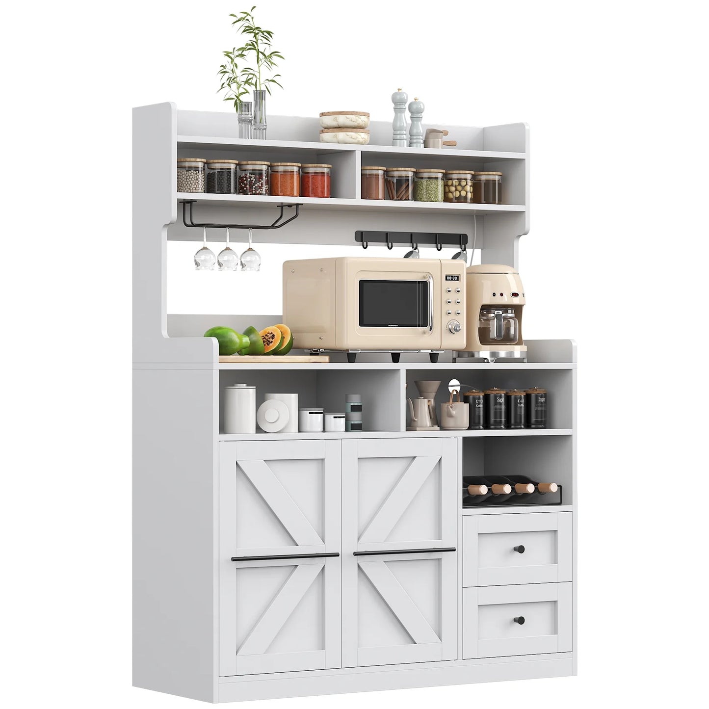 Winkalon Farmhouse Coffee Bar with LED Lights, 41.3 inch Coffee Bar Cabinet with Storage, Wine Bar Cabinet with Wine and Glass Rack for Living, Dining Room, White