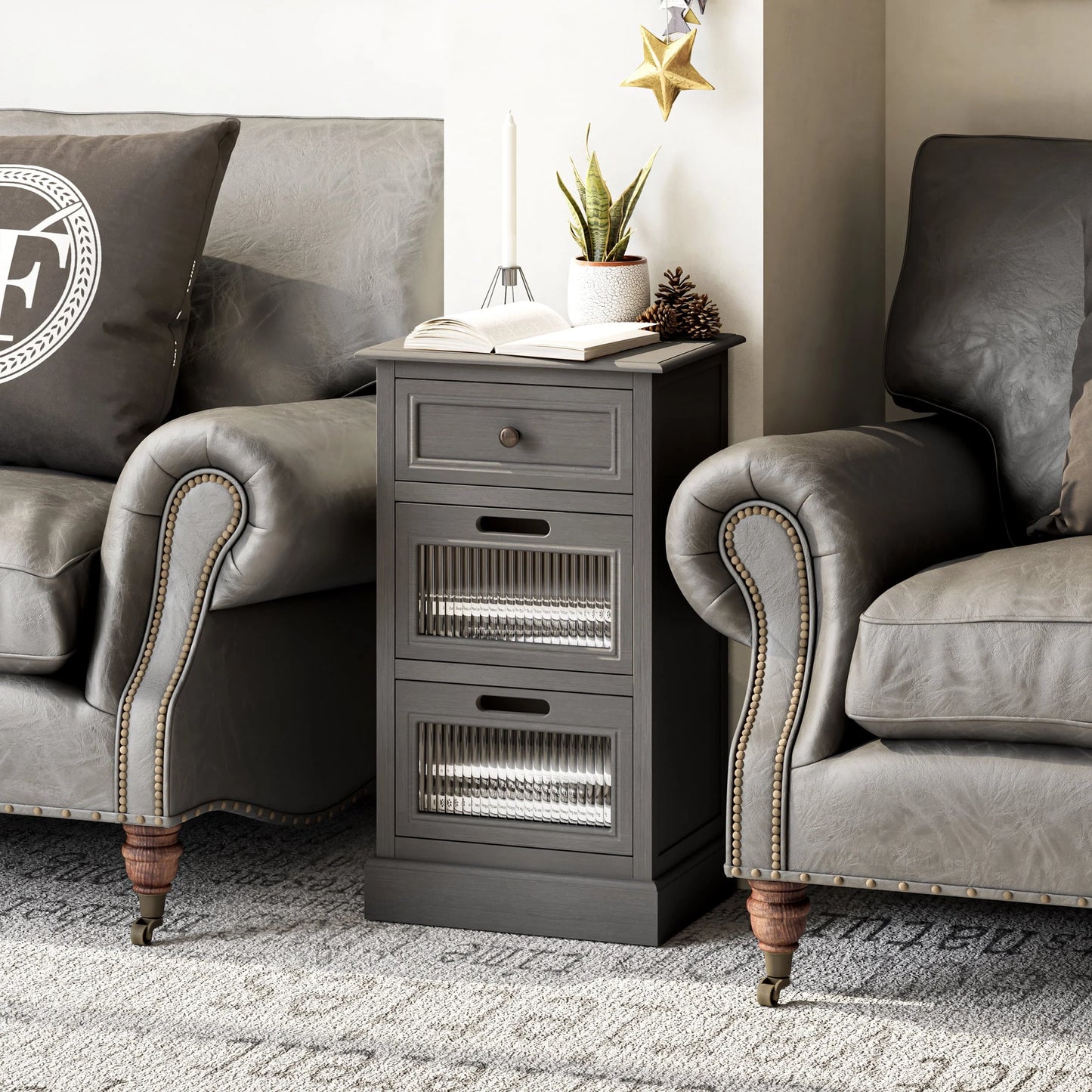 COZAYH Mid Century Modern Nightstand, Fully Assembled Nightstand with 3 Reeded Glass Front Drawers, Distressed Gray Nightstand with Antique Brass Knob and Metal Glide, 27.5°?Tall