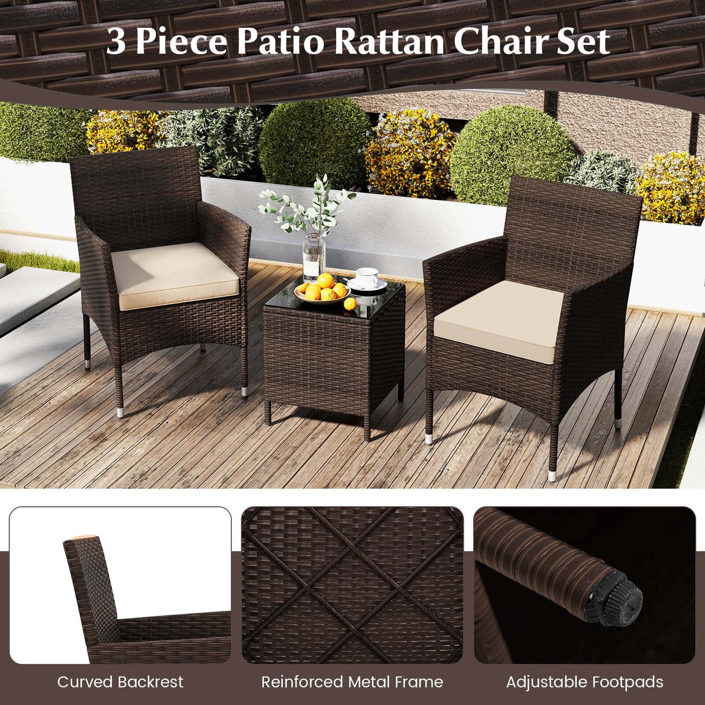 Costway 3 PCS Outdoor Conversation Set with Cushioned Seat & Tempered Glass Tabletop Beige