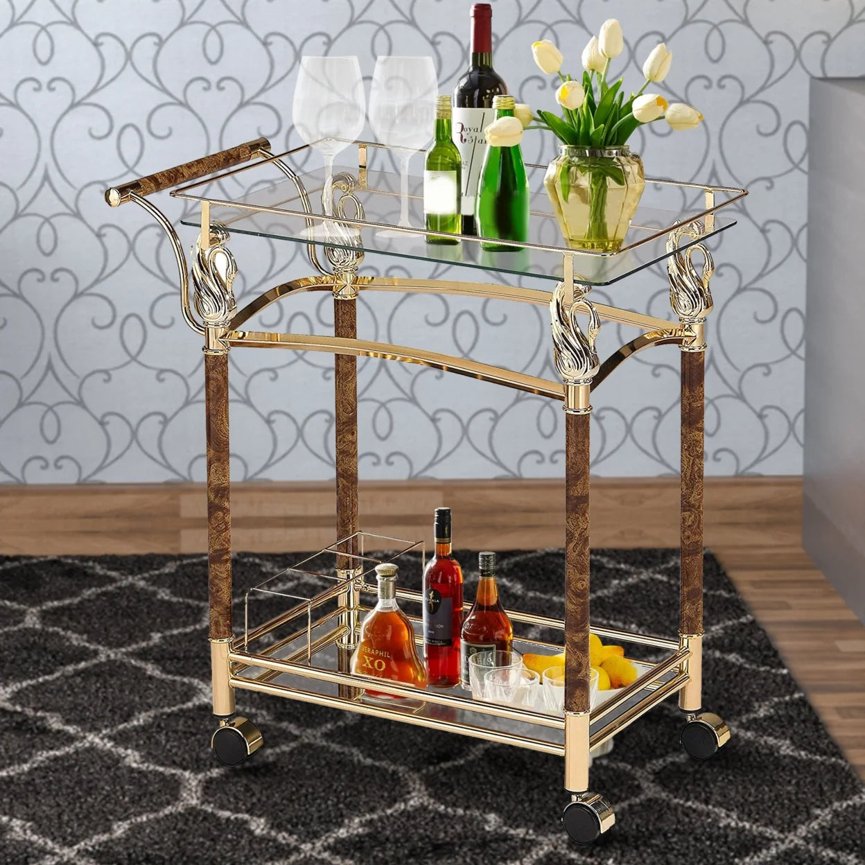 ACME Helmut Serving Cart in Gold Plated and Clear Glass