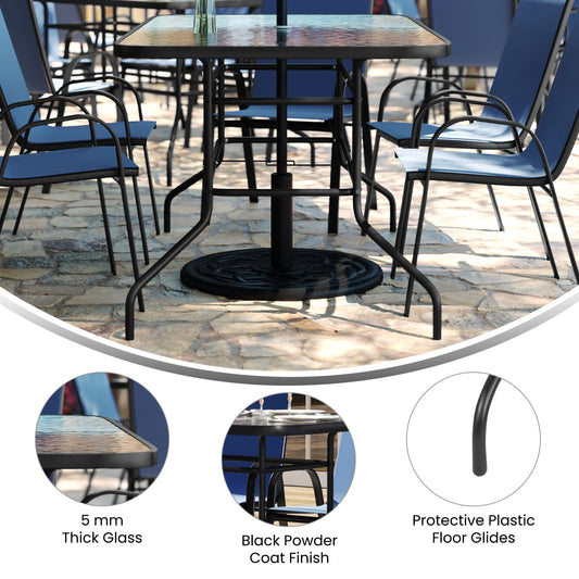 Flash Furniture 7 Piece Outdoor Patio Dining Set - 55" Tempered Glass Patio Table with Umbrella Hole, 6 Navy Flex Comfort Stack Chairs