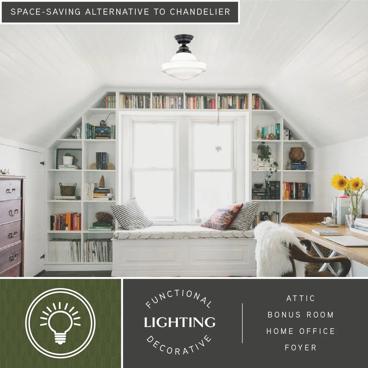 Huntley 12-in W Satin Nickel Farmhouse Schoolhouse Semi Flush Mount Ceiling Light White Glass