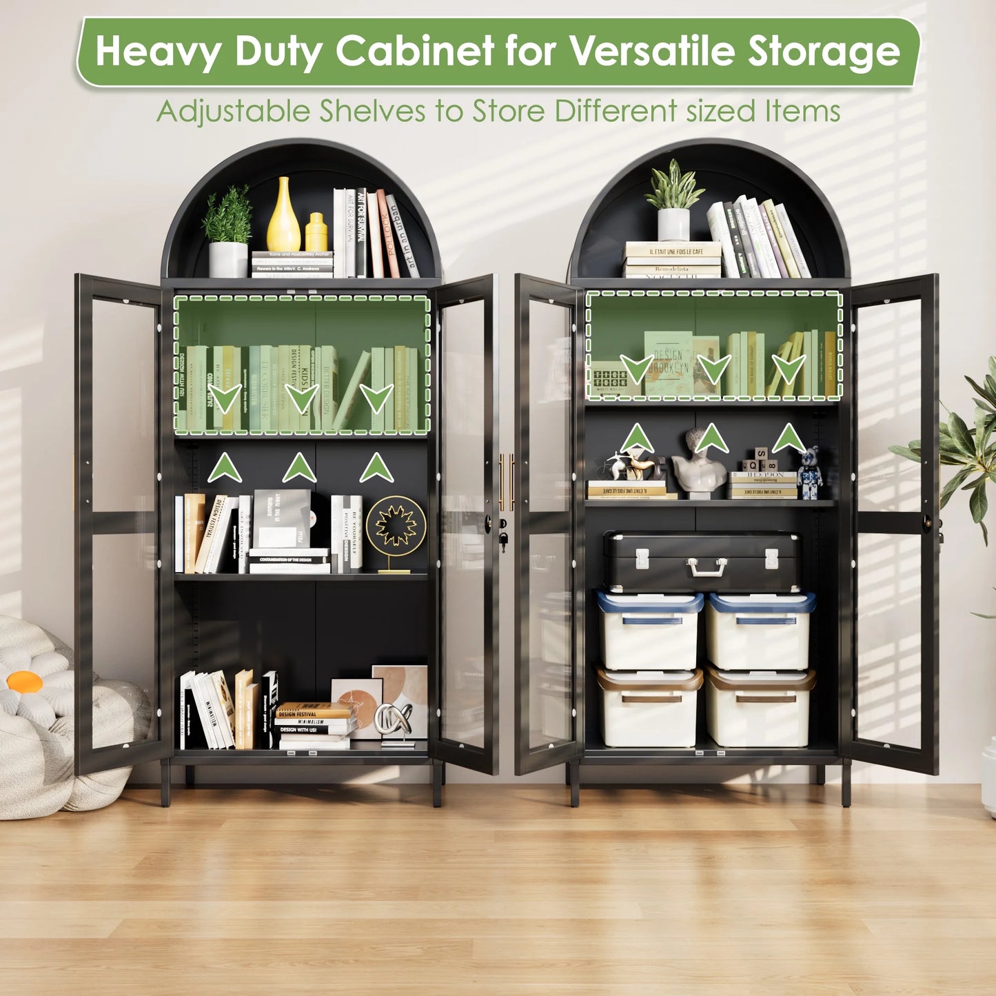 SUXXAN Metal Arched Storage Display Lockable Cabinets with Glass Doors and Adjustable Shelves, Assembly Required, Black