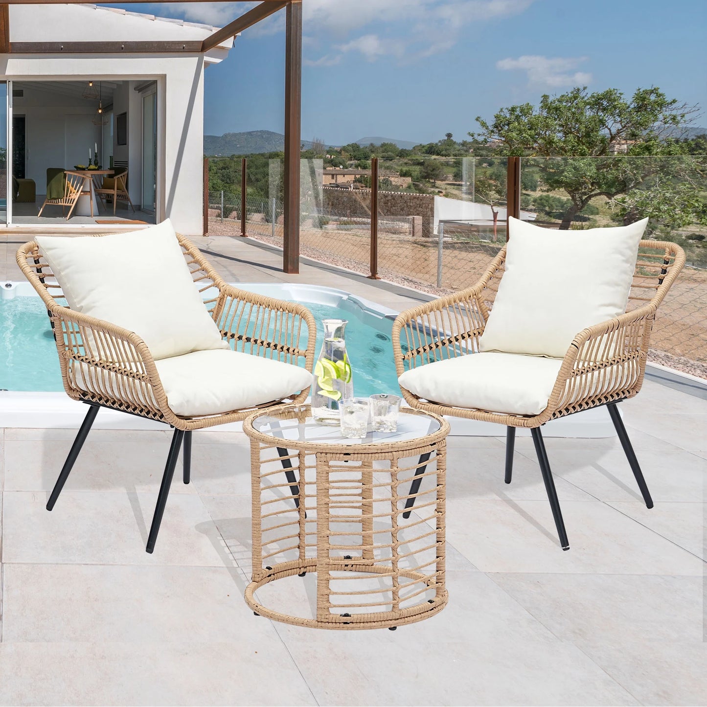 Ainfox 3-Piece Steel Outdoor Bistro Sets with Metal Chairs and Glass Top Table, Beige