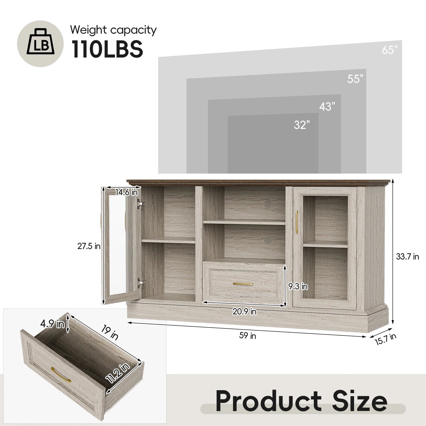 GETYES Farmhouse TV Stand for 70" TV, Wood Entertainment Center with Glass Doors and Adjustable Shelves