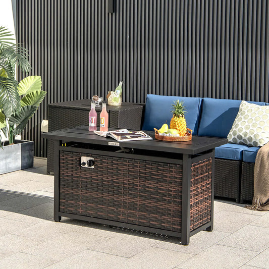 Costway 45" Propane Rattan Firepit Table with Glass Stones & Protective Cover Metal Frame