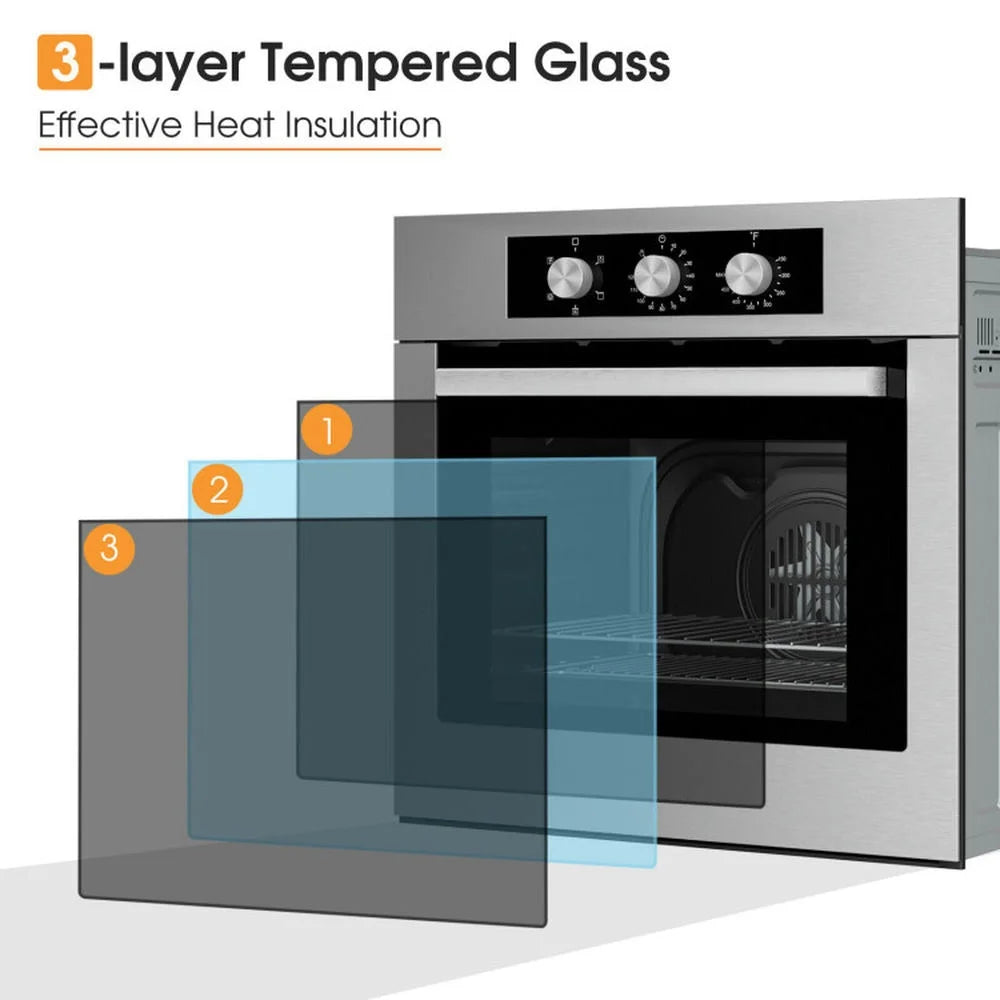 Demifill 24 Inch Single Wall Oven 2.47Cu.ft with 5 Cooking Modes and 360° Hot Air Circulation, Single Wall Oven, Well-made Built-in Oven with 3-layer Tempered Glass for Indoor as Kitchen, Silver
