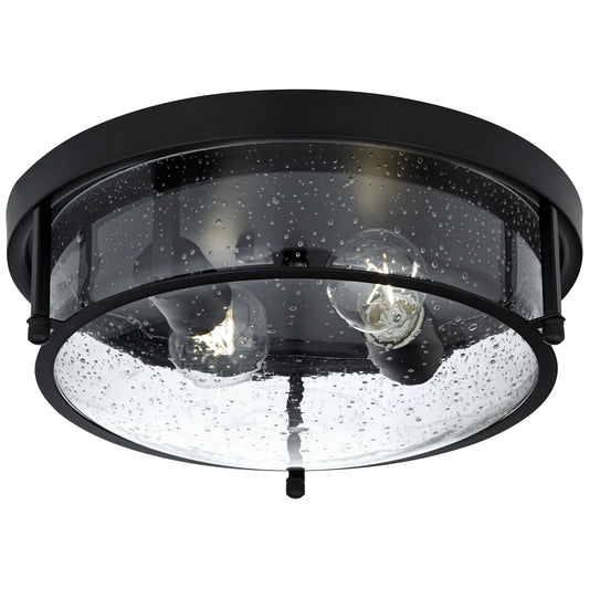 Franklin Iron Works Midnight 13" Modern Flush-Mount Ceiling Light Fixture Kitchen Foyer Hallway Round 2-Light Black Seeded Glass