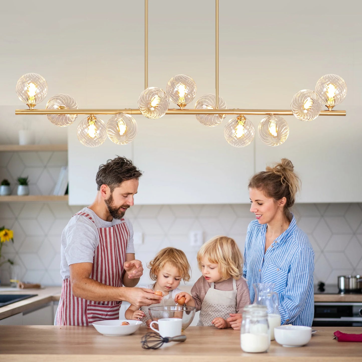 Lzawvm Dining Room Light Fixture with Swirled Glass Globe Linear Chandelier for Dining Room 11-Lights Pendant Lights Kitchen Island for Living Room Sputnik Gold 51inch