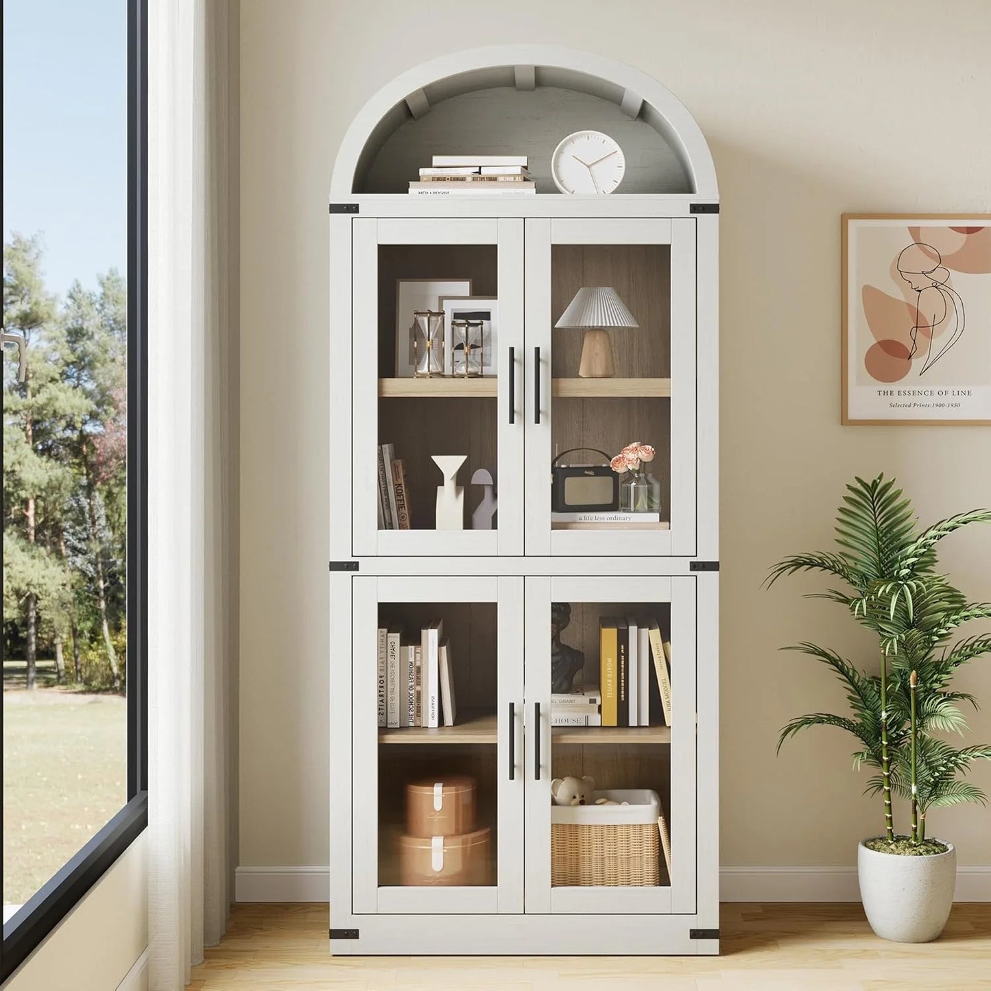 NEILA Arched Bookshelf with Doors - Glass Doors - 15.83 inches deep by 71.4 inches tall rustic ambiance premium wood display cabinet for living room, kitchen and office,Glass Door_Black