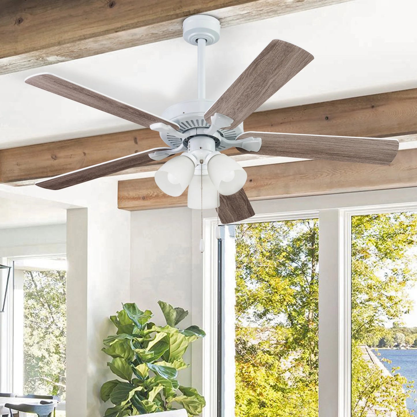 Prominence Home Stannor 52" Bronze Ceiling Fan with 5 Blades, Frosted Glass Light Kit, Pull Chains & Reverse Airflow