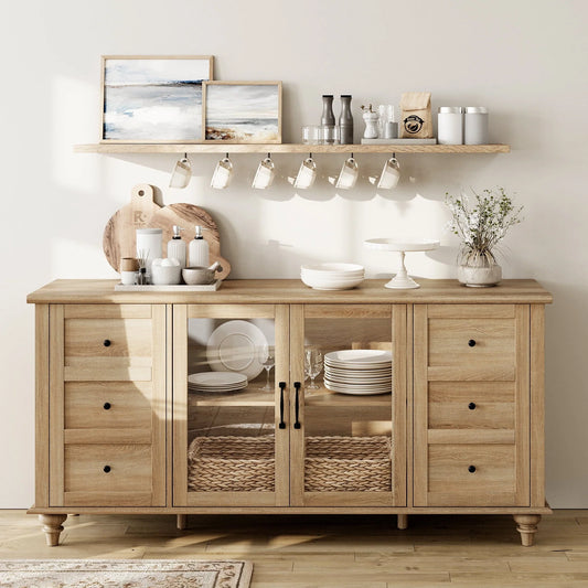 WAMPAT Sideboard Buffet Cabinets with Glass Door, Kitchen Storage Cabinets, Wood Coffee Bar Tables, Accent Sideboard Storage Cabinet Table Dining Room, Living Room,Oak
