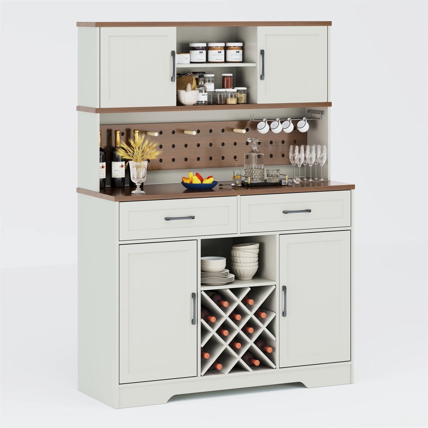 LAFGUR 72" Kitchen Storage Cabinet with Power Outlet & LED Light, Coffee Bar Cabinet with Drawers & Wine Glass Rack,Sideboard for Home,White