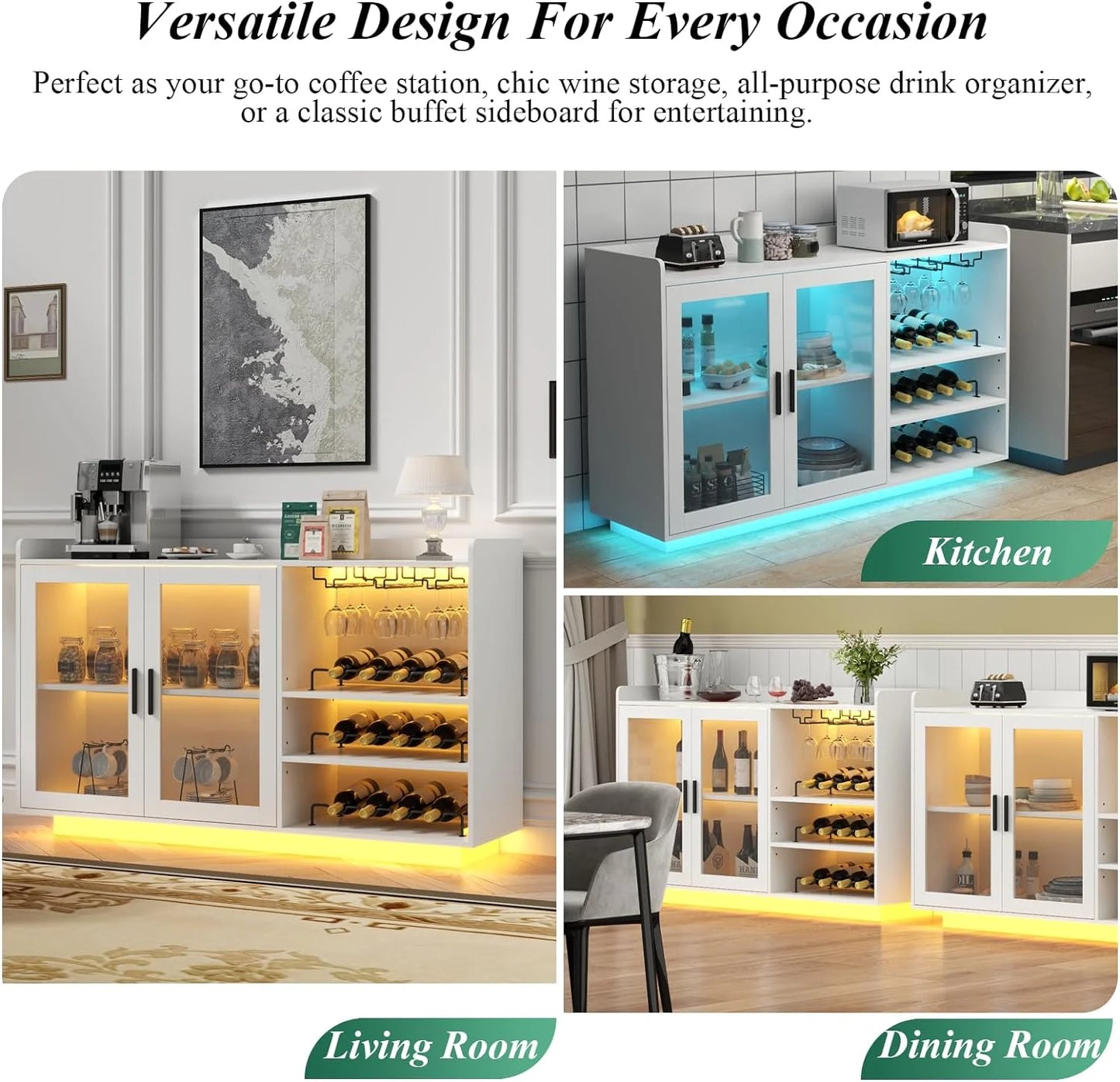 Wine Bar Cabinet with LED Lights, Floating Coffee Bar with Glass Rack and Removable Wine Racks, Modern Buffet Sideboard with Storage Shelves, Kithchen Bar with Glass Cabinet Doors