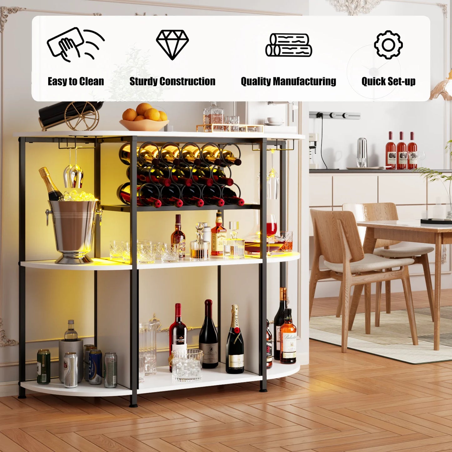 BOSSIN Bar Cabinet with Power Outlet & LED Home,Coffee Bar Cabinet for Liquor,Bar Cart with 4-Tier Storage for Bottles and Glass Holder