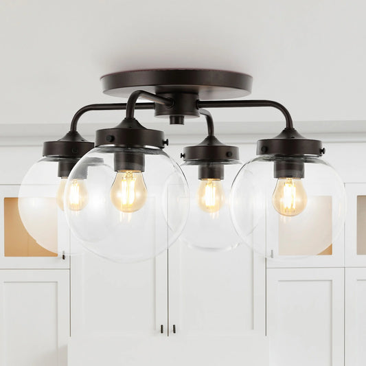 JONATHAN Y Piper 18" 4-Light Farmhouse Rustic Iron/Glass LED Semi Flush Mount, Oil Rubbed Bronze/Clear