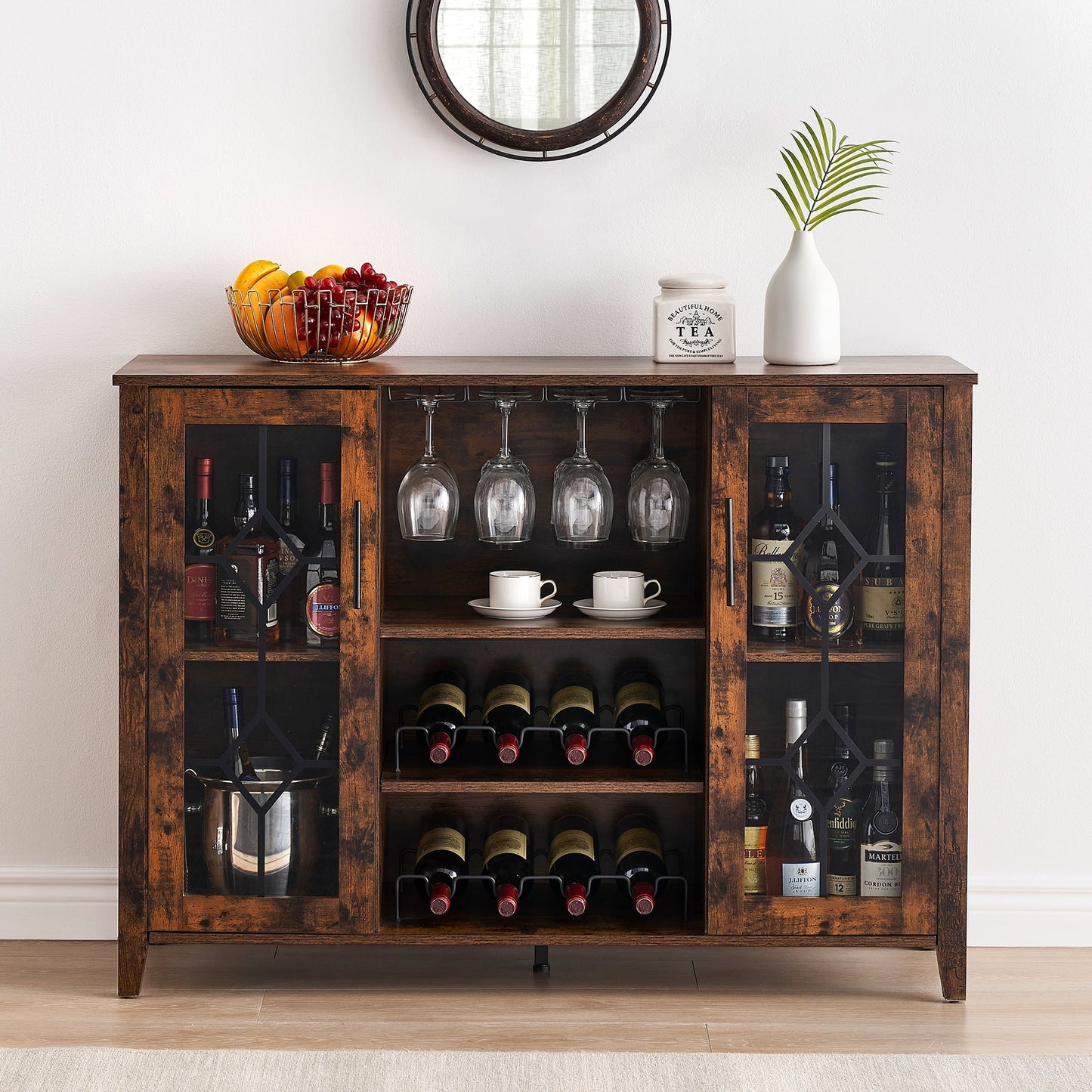 Huloretions Wine Bar Cabinet with LED Light,Modern Liquor Cabinet,Kitchen Buffet Sideboard with Storage Cabinet& Drawers,Coffee Cabinet with Wine and Glass Rack for Home
