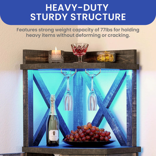 ModFusion 53" Corner Bar Cabinet with LED Light, Glass Door, Wine Rack, and Storage Shelves - Black Oak
