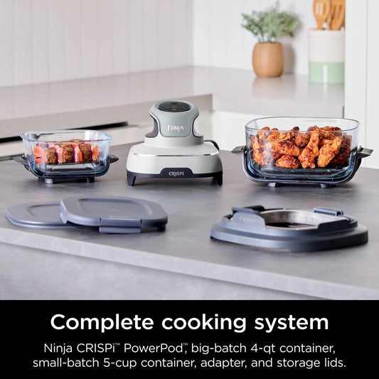 Ninja Crispi 3-in-1 Portable Glass Air Fryer Cooking System, 1500W, 4-Qt & 5-Cup TempWare Glass Containers with Storage Lids, Microwave, Freezer & Dishwasher Safe, White, FN100WH