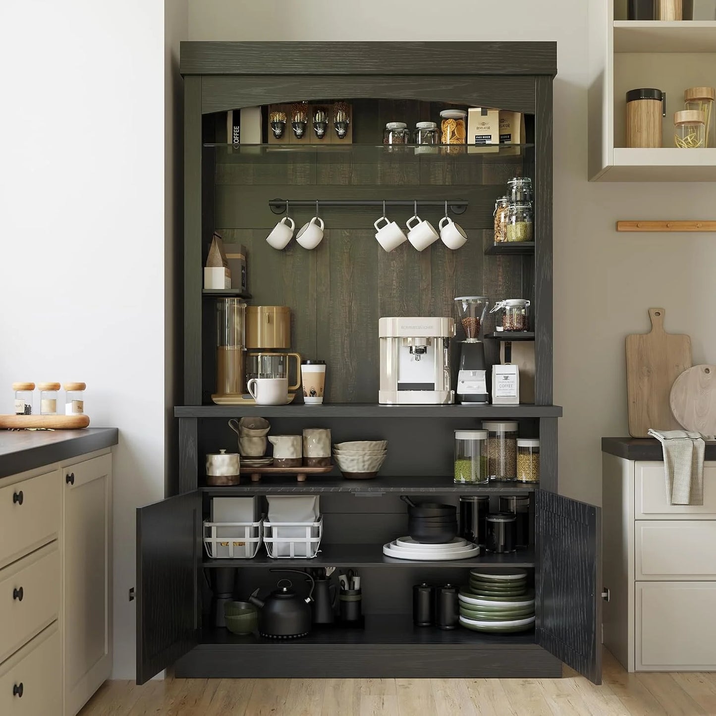Homhougo Coffee Bar Cabinet with LED Lights, 72" Tall Buffet Cabinet with Storage, Farmhouse Kitchen Sideboard, Microwave Stand, Wine Rack, Glass Shelf, Kitchen & Dining Room Furniture, Dark Oak