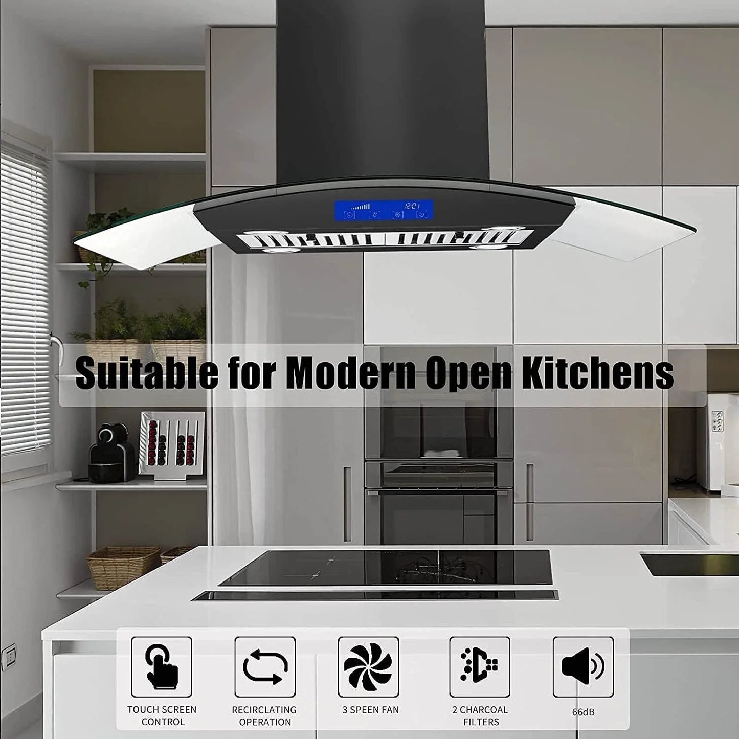 Joeaonz 30-Inch Island Range Hood 900CFM Stainless Steel with Glass Touch Control and Permanent Reusable Filters