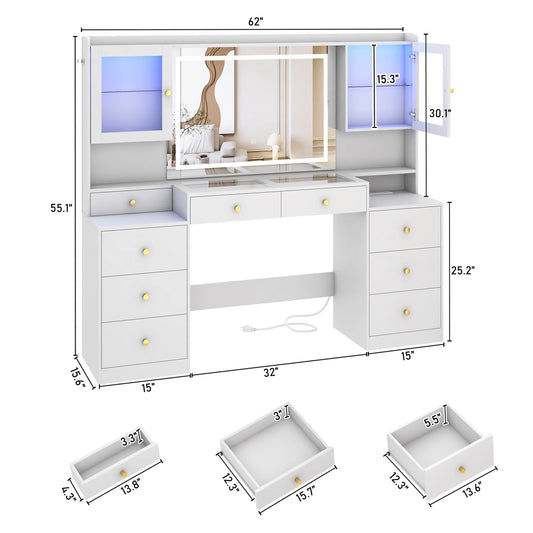 ChVans 62'' Large Vanity Desk with Tempered Glass Top, 60000-color LED Lights, Charging Station, White Makeup Vanity with 3 Lights Mode LED Mirror, 9 Drawers, 2 RGB cabinets for Women, Girls Gift