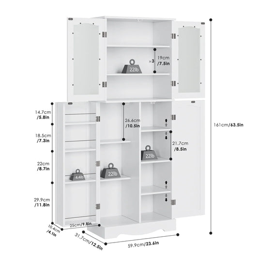 Homfa Kitchen Food Pantry Cabinet, 63.5'' Tall Storage Cabinet with Frosted Glass Doors and Adjustable Shelves, White