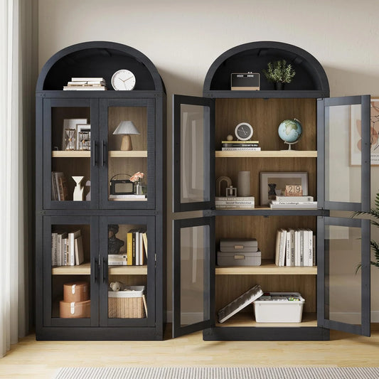 Arched Bookshelf with Glass Doors 71 Point Four Inches Tall Rustic Premium Wood Display Cabinet Glass Door Black