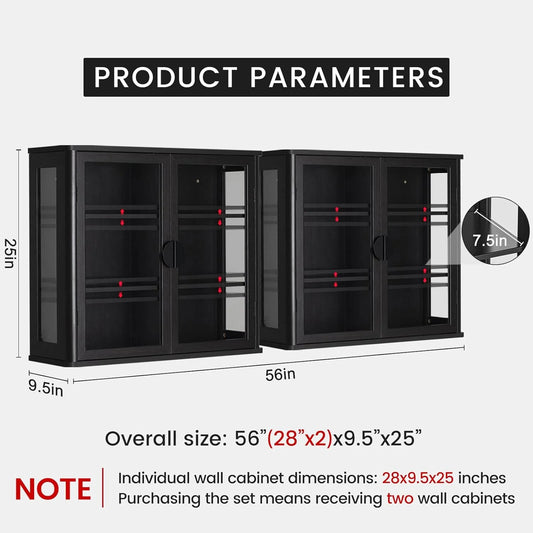 56" Black Wall Storage Cabinets,Kitchen Wall Cabinets with Glass Doors,Over The Toilet Storage Cabinets with Tempered Glass, Upper cabinets for Launtry, Kitchen,Bathroom, 28 inch X 2PCS