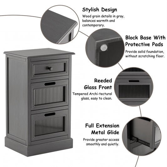 COZAYH Mid Century Modern Nightstand, Fully Assembled Nightstand with 3 Reeded Glass Front Drawers, Distressed Gray Nightstand with Antique Brass Knob and Metal Glide, 27.5” Tall