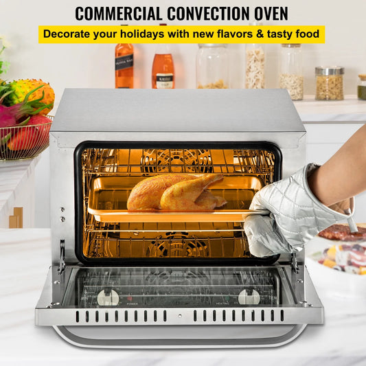 KFFKFF Commercial Convection Oven, 21L/19Qt, Quarter-Size Conventional Oven Countertop, 1440W 3-Tier Toaster w/Front Glass Door, Electric Baking Oven w/Trays Wire Racks Clip Gloves