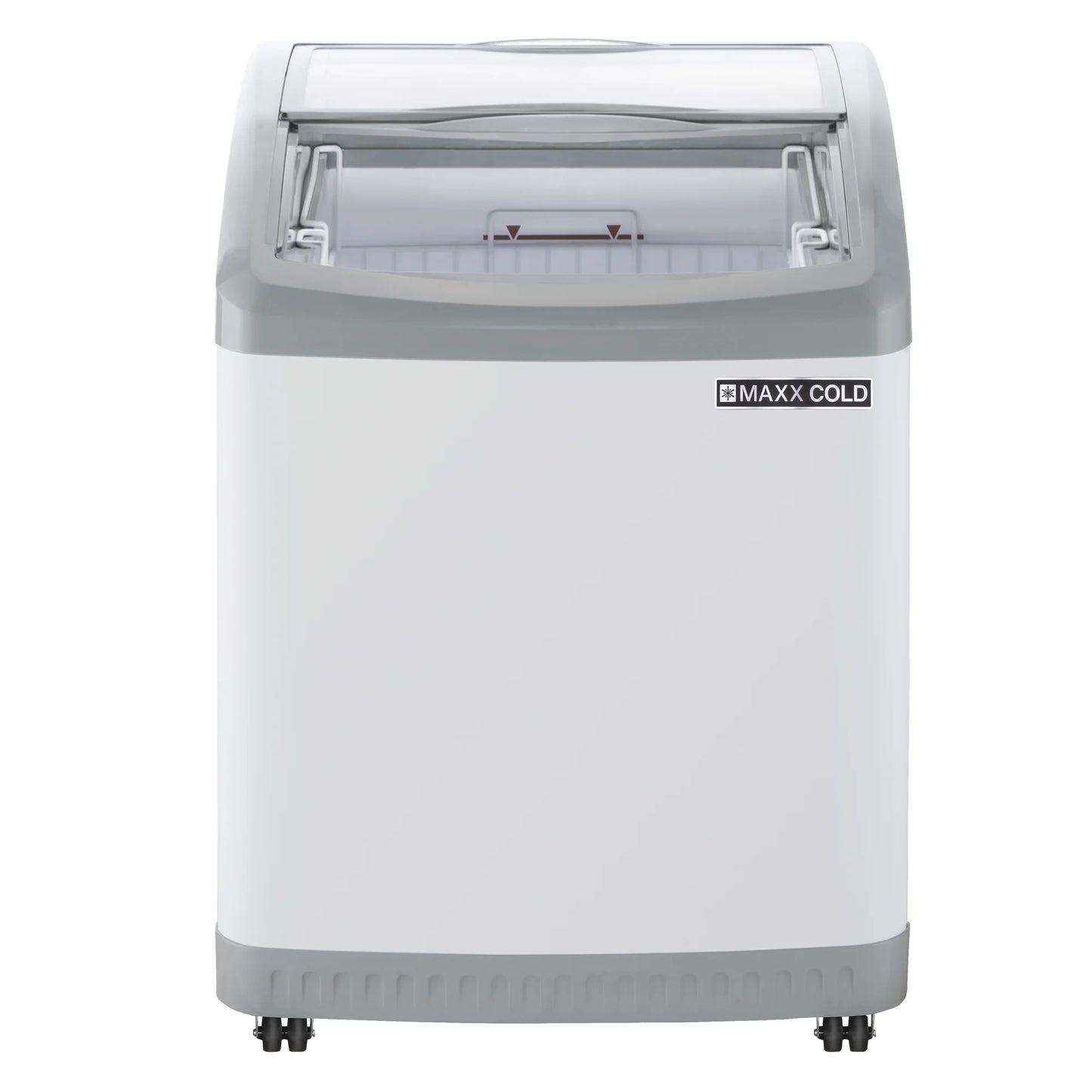 Maxx Cold Curved Glass Top Chest Freezer Display, 24.6"W, 3.81 cu. ft. Storage Capacity, Equipped with (2) Wire Baskets, in White (MXF25CHC-2)