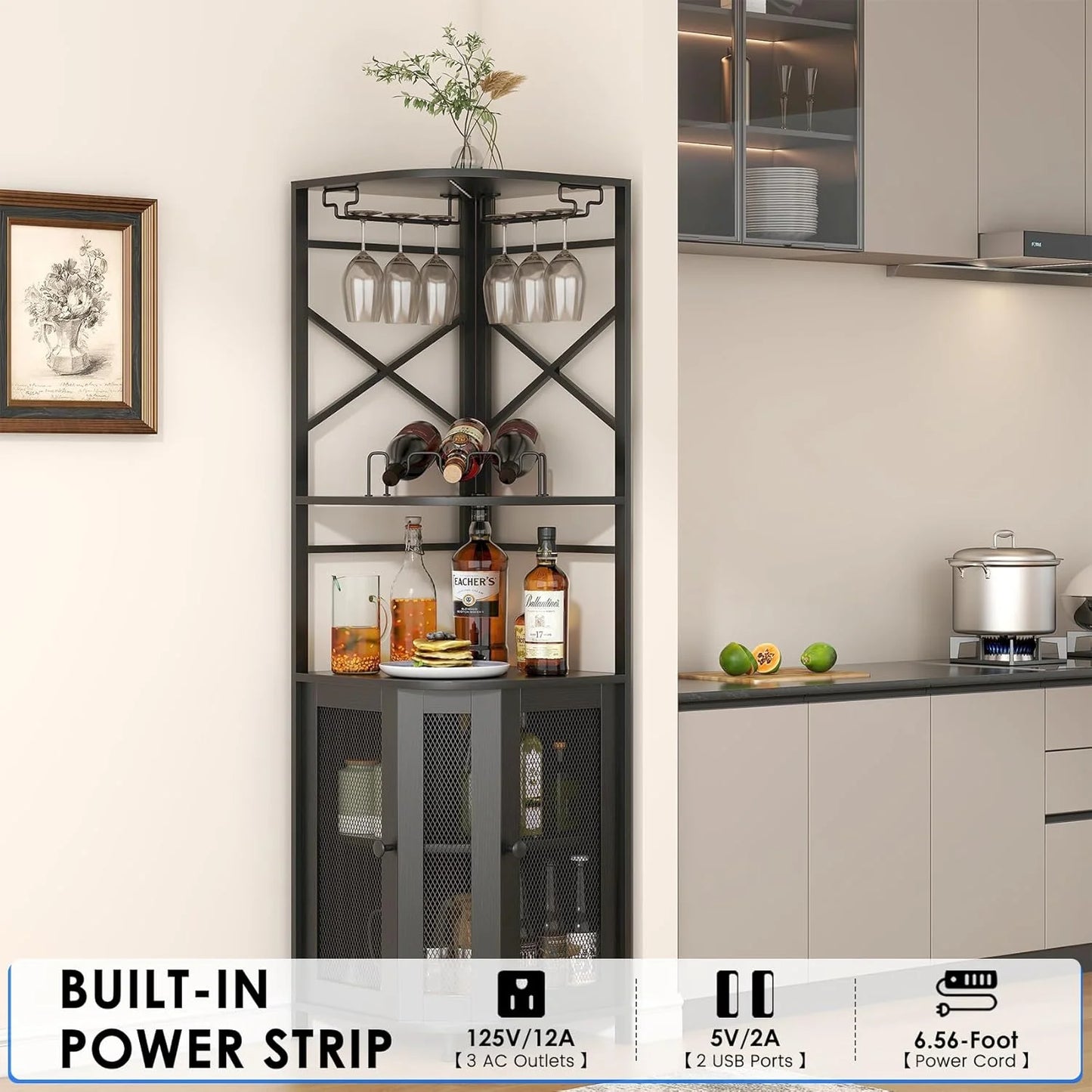 Frmobepts Corner Bar Cabinet with Power Outlet, Industrial Wine Cabinet with LED Strip and Glass Holder, 5-Tiers Liquor Cabinet Bar Unit for Home, Black
