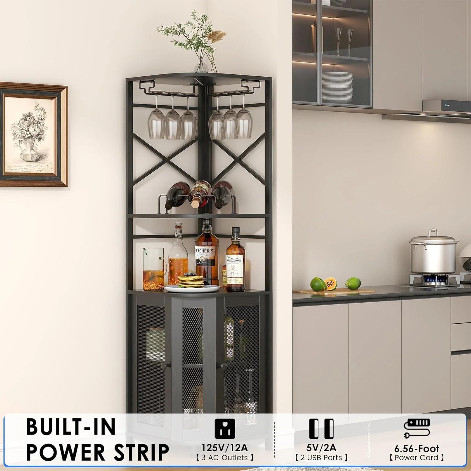 Frmobepts Corner Bar Cabinet with Power Outlet, Industrial Wine Cabinet with LED Strip and Glass Holder, 5-Tiers Liquor Cabinet Bar Unit for Home, Black