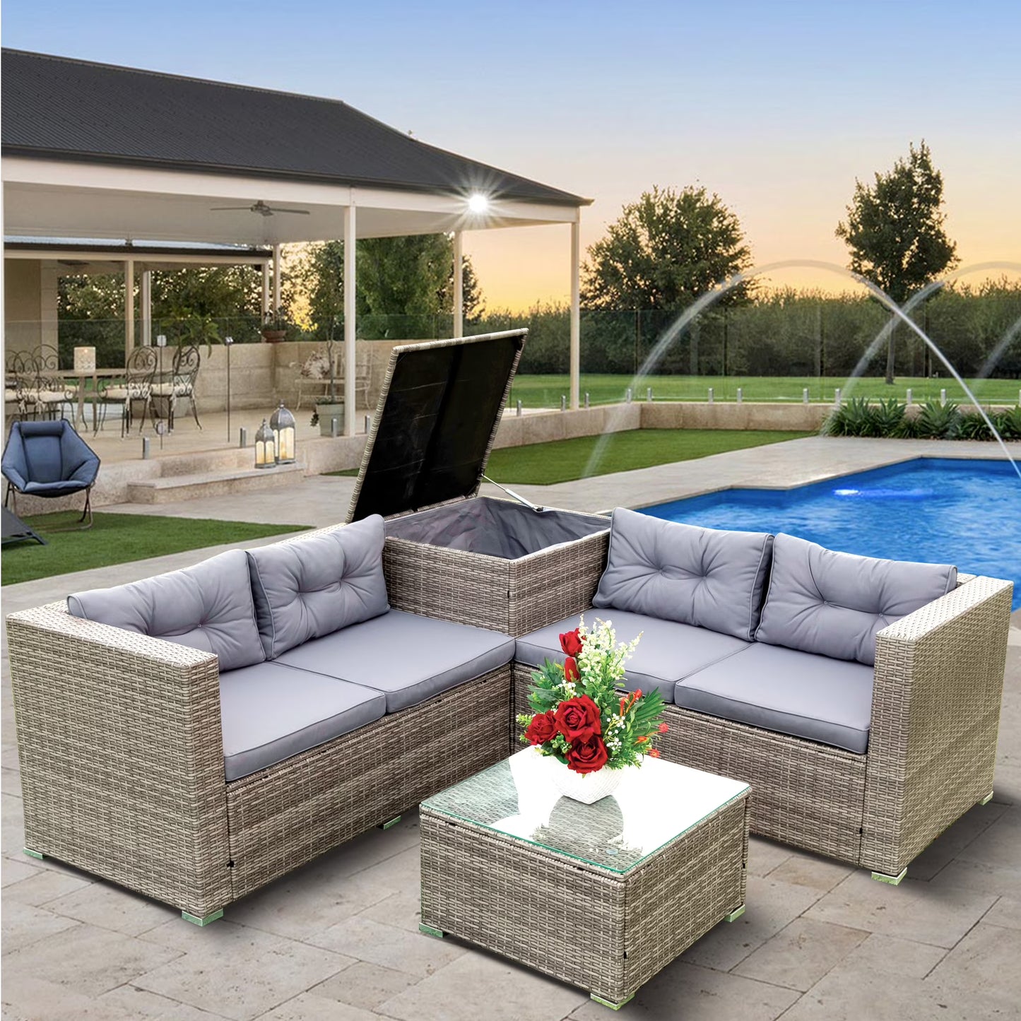 Rattan Patio Sofa Set, 4 Pieces Outdoor Sectional Furniture, All-Weather PE Rattan Wicker Patio Conversation, Cushioned Sofa Set with Glass Table for Patio Garden Poolside Deck