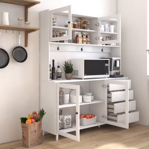 Kitchen Pantry Storage Cabinet with Hutch 25 inch Wide Tall Freestanding Food Kitchen Cabinet Pantry Cupboard with Reeded Glass Doors, Pegboard, Countertop Farmhouse 25 W x 71 H x 16 D Inch