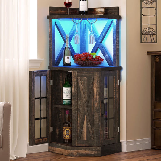 ModFusion 53" Corner Bar Cabinet with LED Light, Glass Door, Wine Rack, and Storage Shelves - Black Oak
