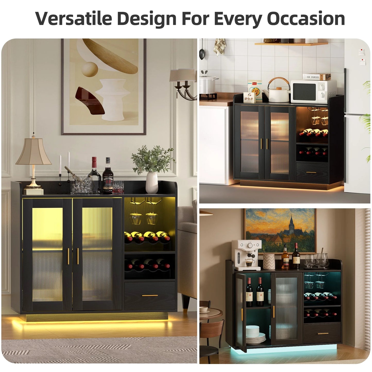 SNYNUXX Wine Bar Cabinet with LED Lights, Floating Coffee Bar Cabinet with Wine and Glass Rack, Kitchen Buffet Sideboard with Glass Doors and Drawers for Dining Room, Black