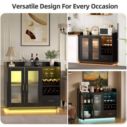 SNYNUXX Wine Bar Cabinet with LED Lights, Floating Coffee Bar Cabinet with Wine and Glass Rack, Kitchen Buffet Sideboard with Glass Doors and Drawers for Dining Room, Black