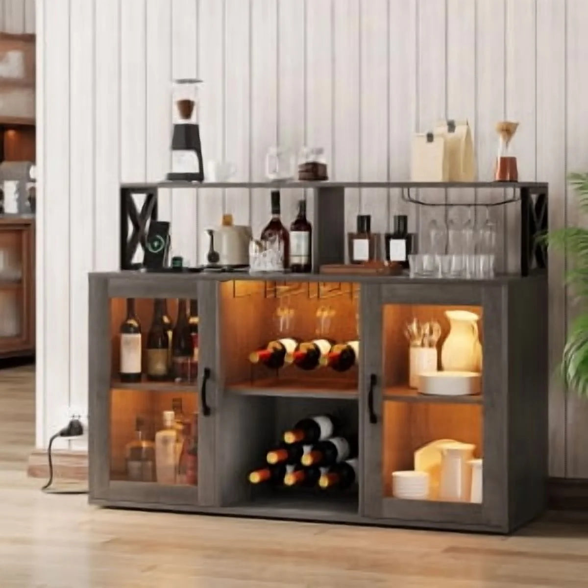 Historyli Wine Cabinet with LED Light,Bar Cabinet with Wine Rack,Glass Holder,and Power Outlets,for Living Room Office,Black