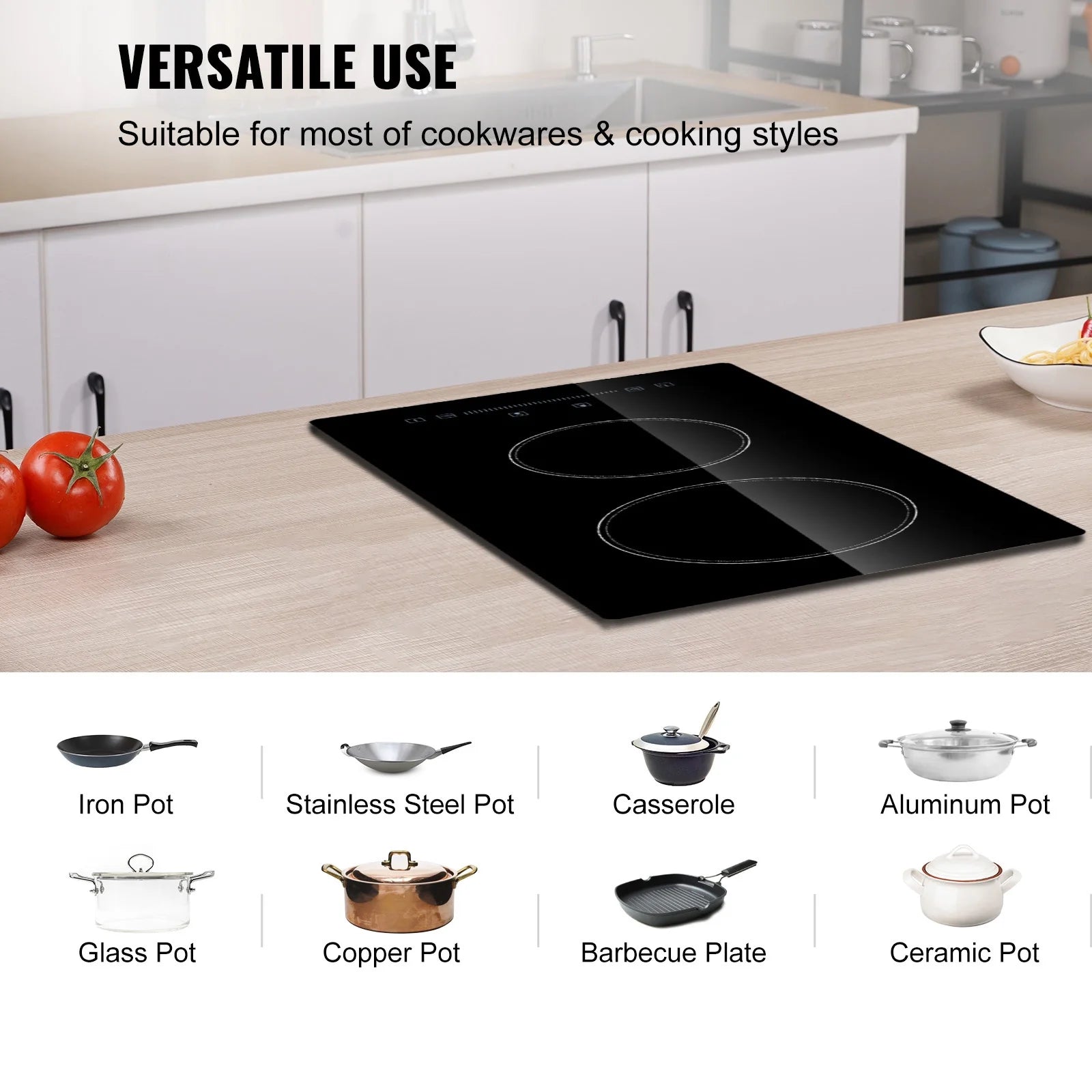 KFFKFF 2 Burner Electric Cooktop, 20 x 11.6 inches, 240V 3000W Glass Heat Plate with Touch-Sensitive Controls, Inbuilt Timer and Child Safety Feature, 9 Adjustable Heat Settings for Kitchen